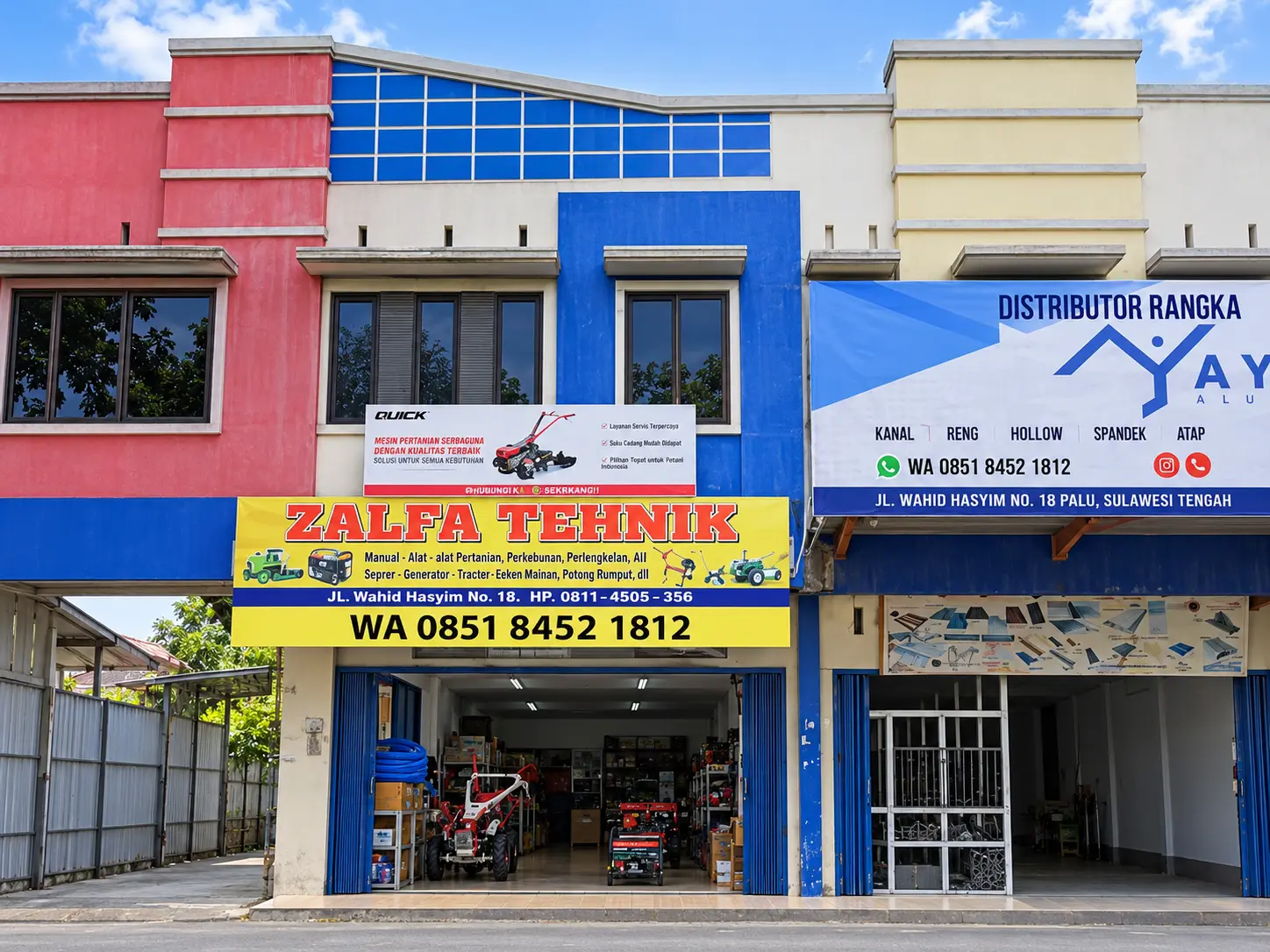 Tampak depan toko Zalfa Tehnik di Jl. Wahid Hasyim, Palu, diolah dari foto asli